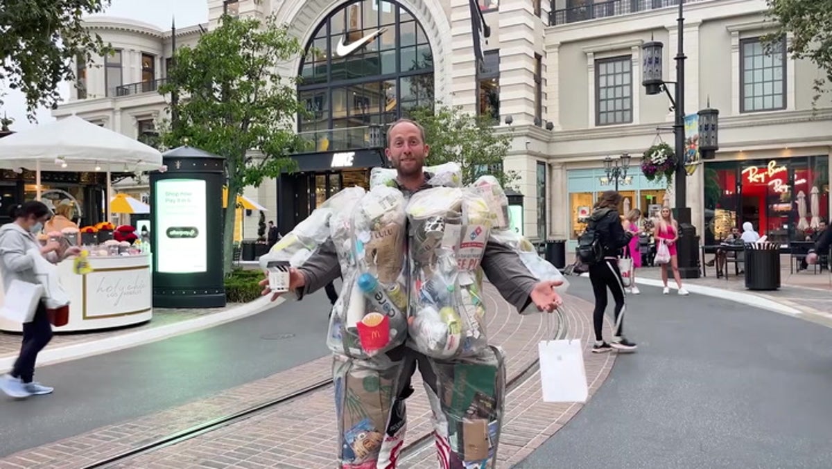 Man wears own rubbish for a month in a bid to promote recycling awareness