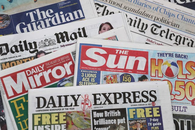 A stock image of a pile of newspapers including The Daily Telegraph, The Guardian, Daily Mirror, Daily Mail, Daily Express and The Sun. (Andrew Matthews/PA)