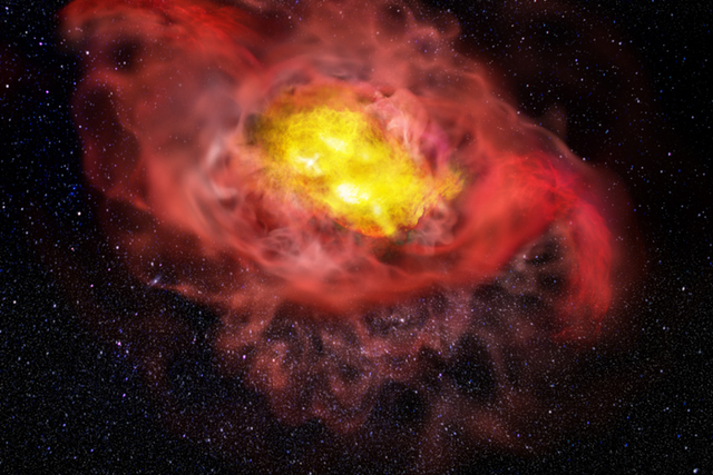 <p>This artist’s conception illustrates the previously unknown complexity of the young galaxy, A1689-zD1.</p>