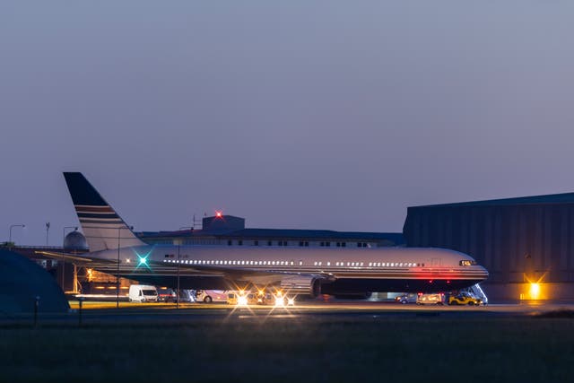<p>A Boeing 767 that was scheduled to depart for Rwanda stands grounded at Boscombe Down airbase on 14 June 2022 following the last-minute intervention of the European Court of Human Rights</p>
