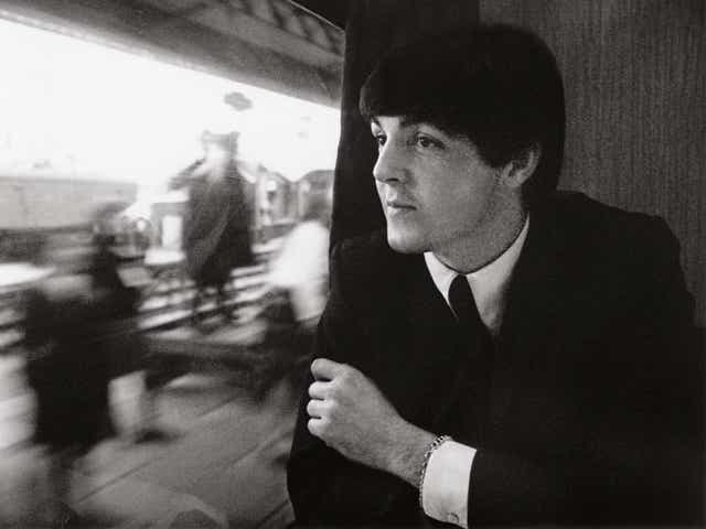 <p>During the filming of ‘A Hard Day’s Night’ on a train leaving Paddington station in 1964</p>