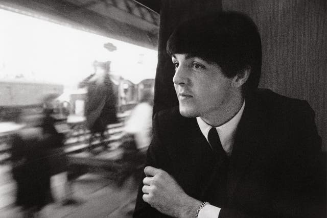 <p>During the filming of ‘A Hard Day’s Night’ on a train leaving Paddington station in 1964</p>