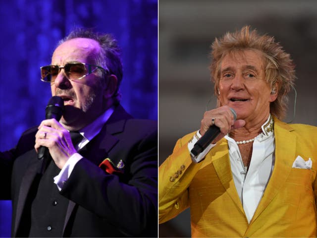 <p>Elvis Costello and Rod Stewart</p>