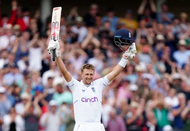 Joe Root celebrates his century on day three of the second Test against New Zealand at Trent Bridge (Mike Egerton/PA)
