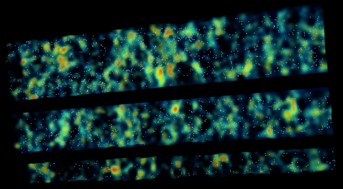 A map of intergalactic hydrogen clouds where yellow-to-red represents high density regions and blue-to-black indicates areas of low density. Light absorbed by the gas clouds helped astronomers locate protoclusters of galaxies in the early universe