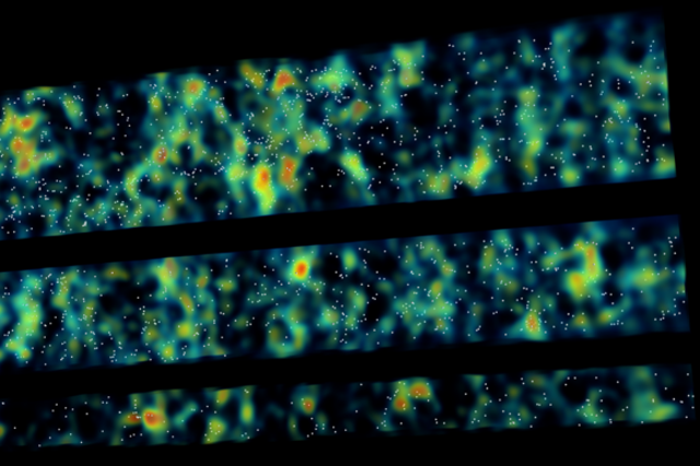 <p>A map of intergalactic hydrogen clouds where yellow-to-red represents high density regions and blue-to-black indicates areas of low density. Light absorbed by the gas clouds helped astronomers locate protoclusters of galaxies in the early universe</p>