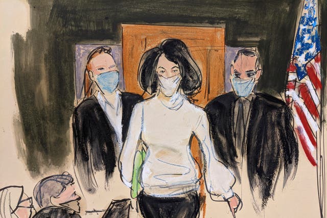 <p>In this courtroom sketch, Ghislaine Maxwell enters the courtroom escorted by US Marshalls at the start of her trial on 29 November 2021 in New York </p>