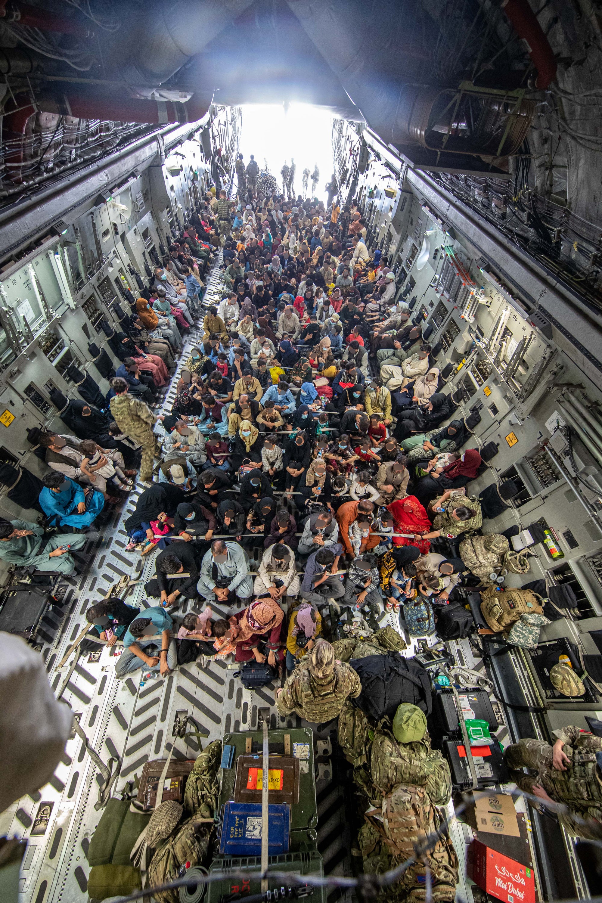 Handout photo issued by the Ministry of Defence (MoD) of a full flight of 265 people supported by members of the UK Armed Forces on board an evacuation flight out of Kabul airport under Operation Pitting (LPhot Ben Shread/MoD/PA)