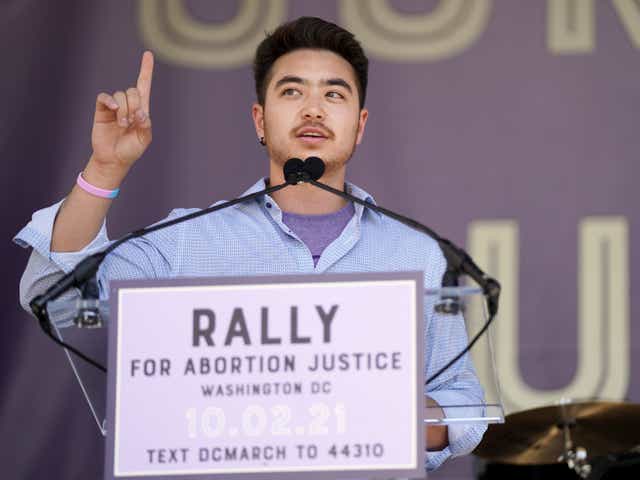 <p>Schuyler Bailar at an abortion rights rally in October 2021</p>
