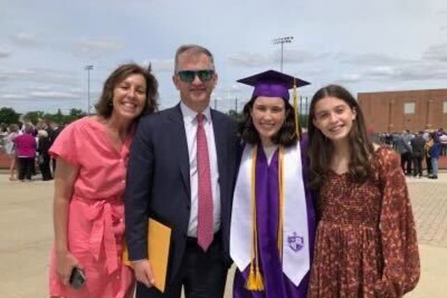 <p>Congressman Sean Casten with Gwen, wife Kara and younger daughter Audrey during Gwen’s high school graduation ceremony </p>