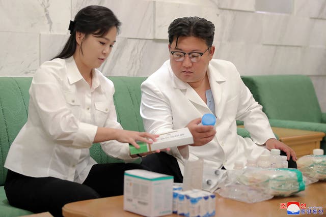 <p>North Korean leader Kim Jong-un and his wife Ri Sol-ju sent his family’s medicines to Haeju City</p>