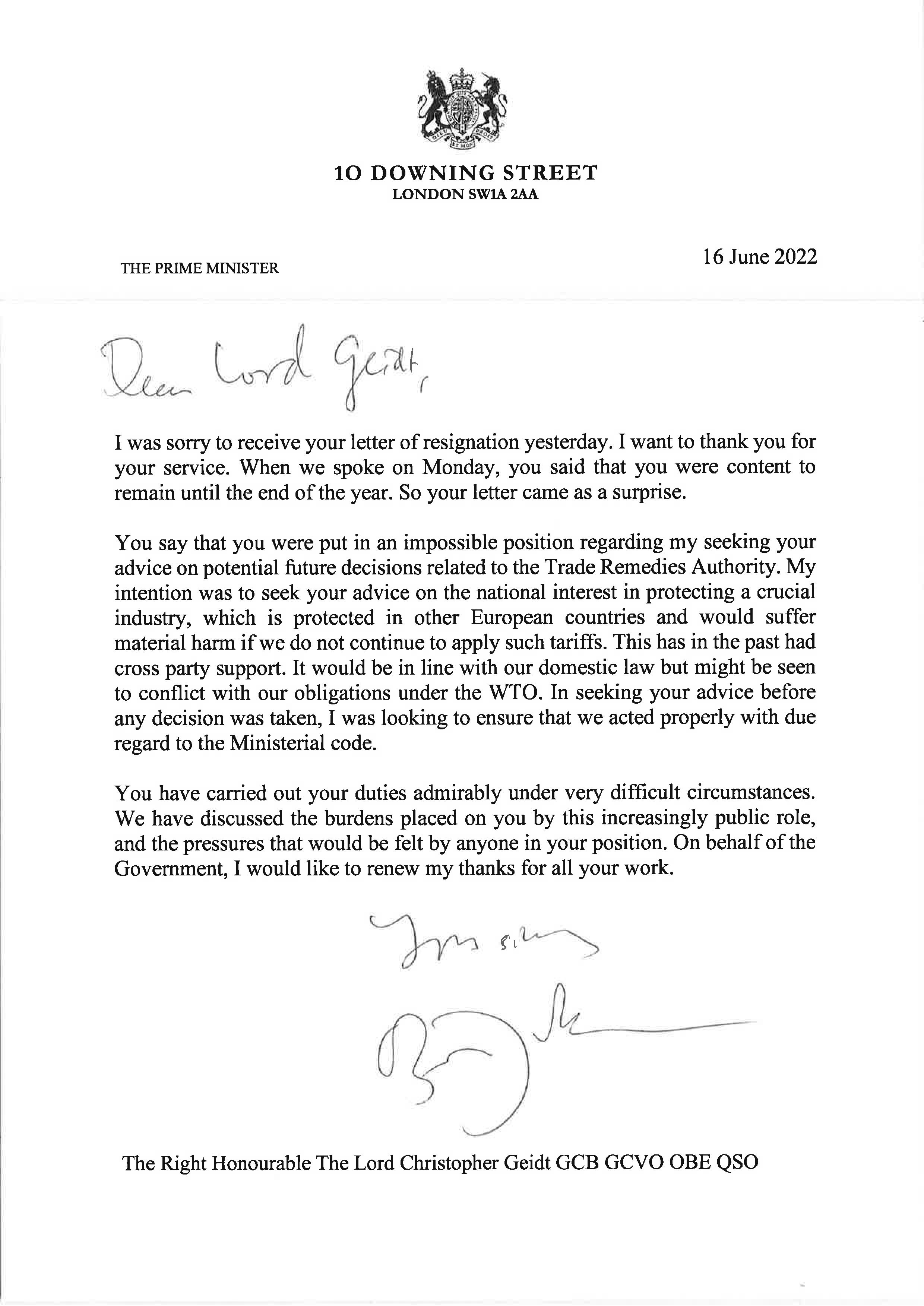 A Downing Street handout photo of the resignation letter by Boris Johnson to Lord Christopher Geidt (Downing Street/PA)
