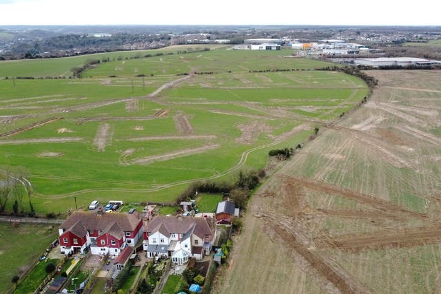 Aerial view of fields close to the village of Guston near Dover, Kent, where the Department of Transport has purchased the White Cliffs site with plans to turn it into an inland border facility and lorry park for 1,200 trucks (Gareth Fuller/PA Wire)