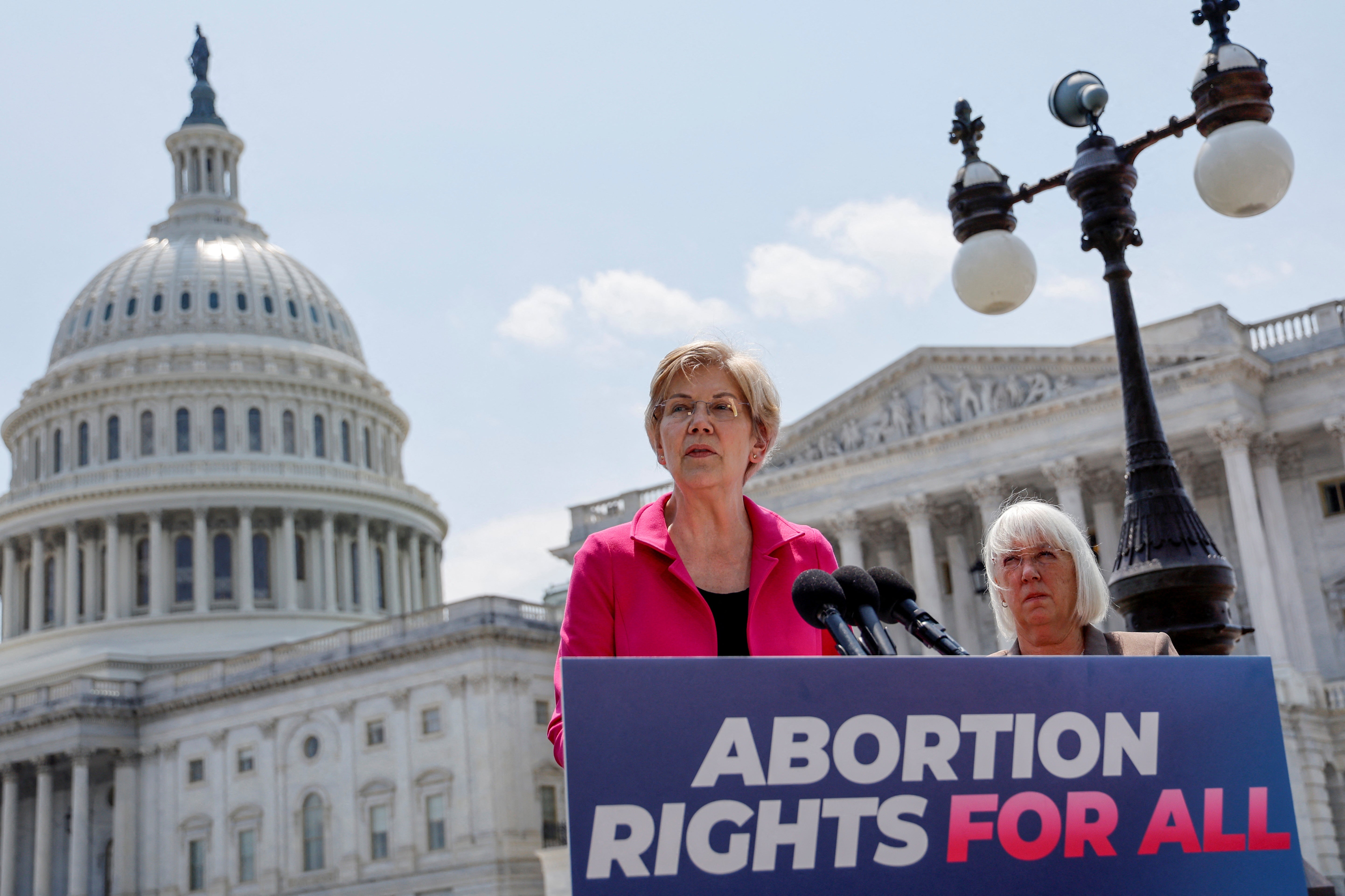 <p>Senators Elizabeth Warren and Patty Murray announce abortion rights legislation on 15 June</p>