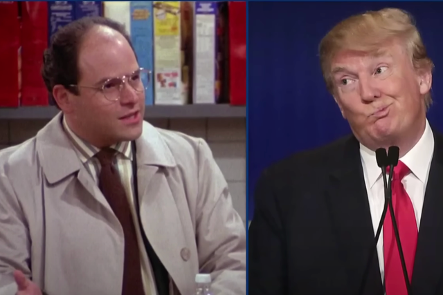 <p>A side-by-side image showing the character George Constanza from the sitcom ‘Seinfeld,’ alongside Donald Trump.</p>