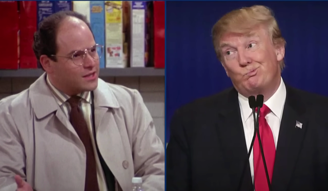 <p>A side-by-side image showing the character George Constanza from the sitcom ‘Seinfeld,’ alongside Donald Trump.</p>