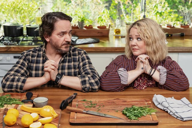 <p>Ben Falcone and Melissa McCarthy in ‘God’s Favorite Idiot’</p>