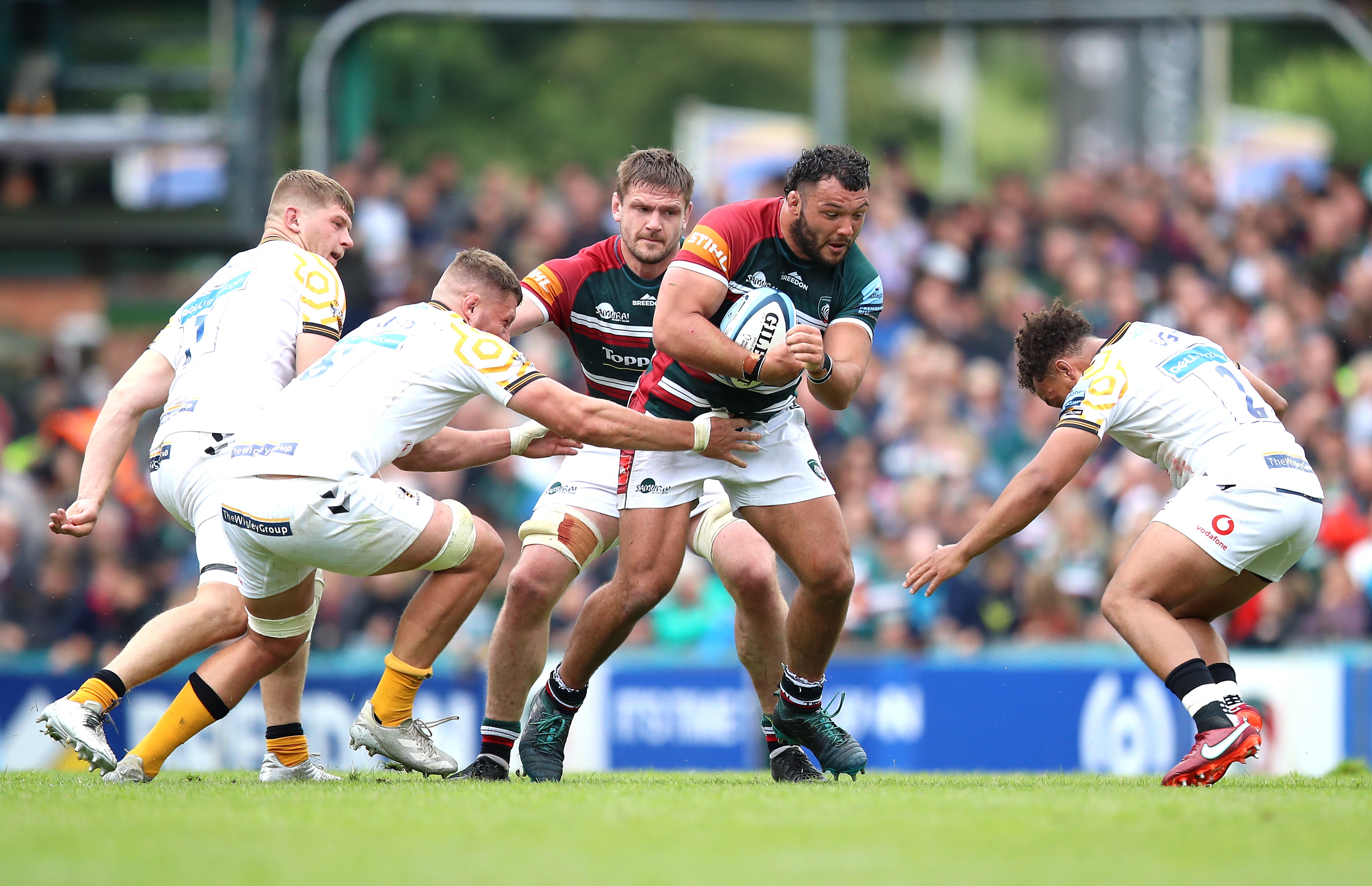 Ellis Genge (centre) in Premiership action for Leicester this season (Isaac Parkin/PA)