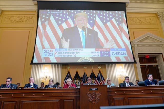 <p>A video of former president Donald Trump speaking is displayed as the House select committee investigating the Jan 6 attack on the US Capitol continues to reveal its findings</p>