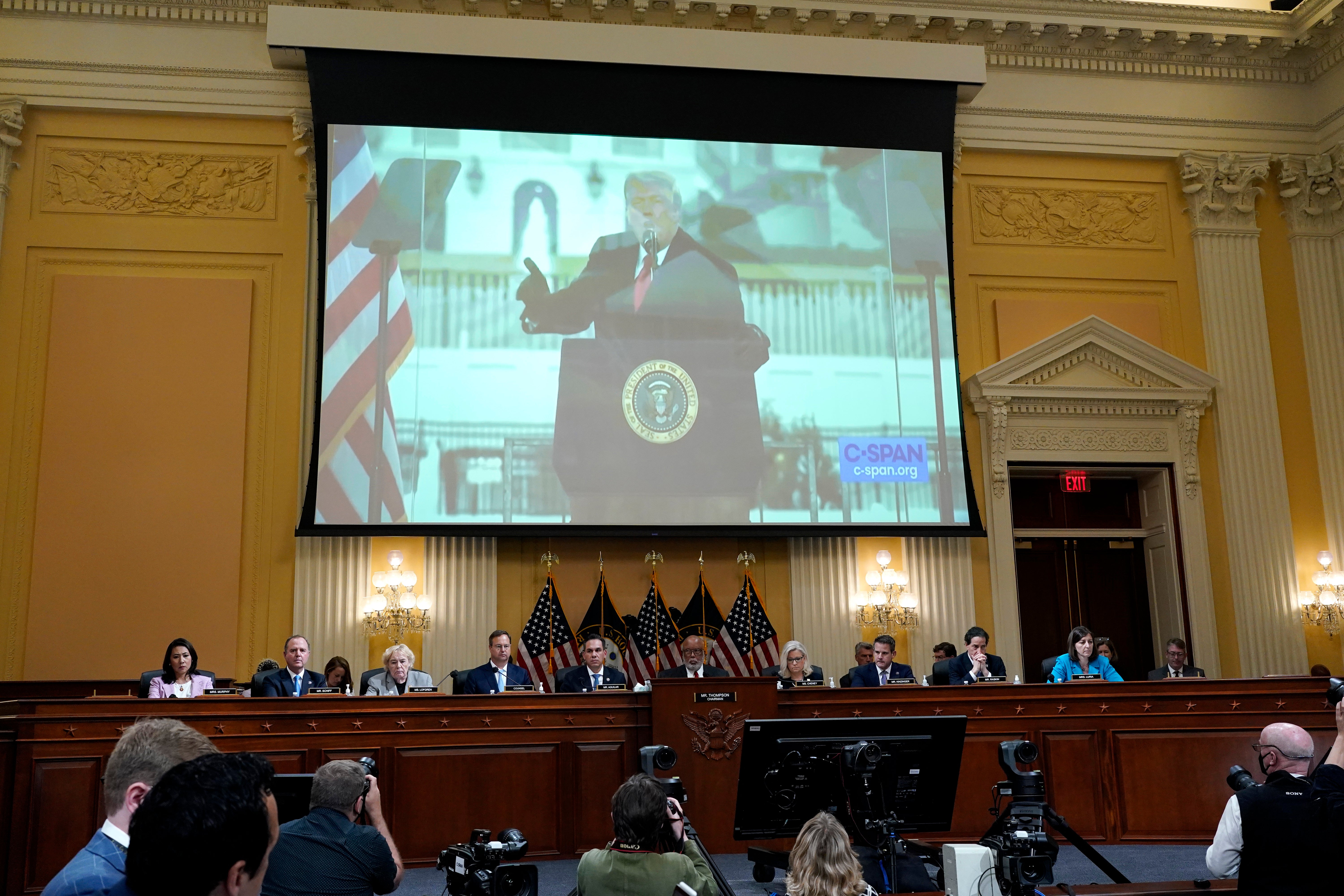 A video of Trump speaking at the ‘Stop the Steal’ rally on 6 January 2021 is played during a select committee hearing
