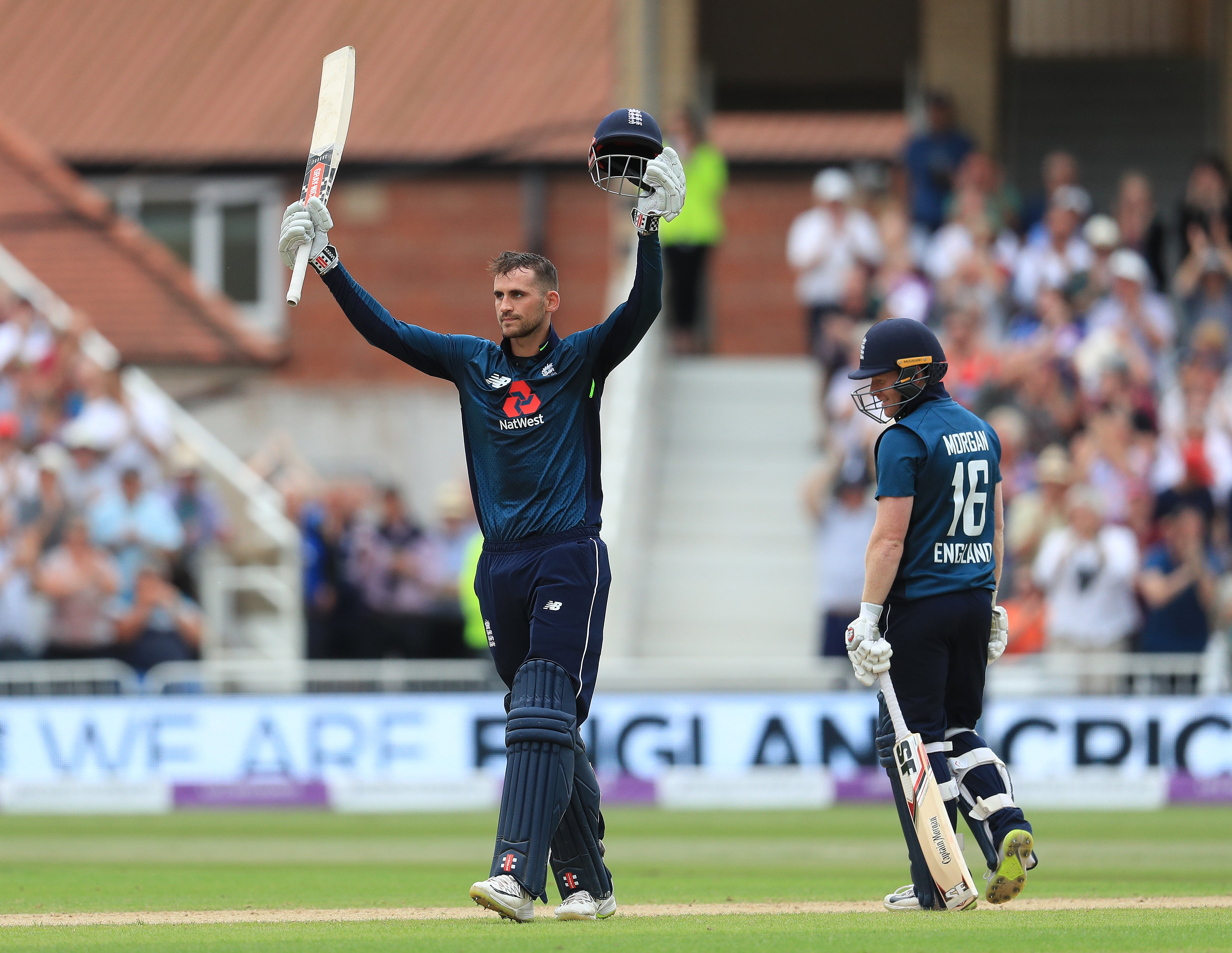 Alex Hales, left, celebrates his century against Australia in 2018, in England’s then world record 481 for six (Mike Egerton/PA)