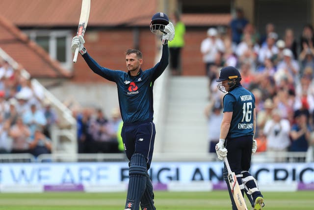 Alex Hales, left, celebrates his century against Australia in 2018, in England’s then world record 481 for six (Mike Egerton/PA)