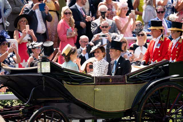 The Duke and Duchess of Cambridge arriving in a carriage in the Royal Procession during day four of Royal Ascot (PA)