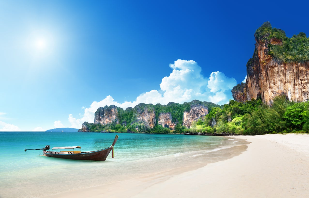 The idyllic shore of Railay Beach in Krabi, southern Thailand