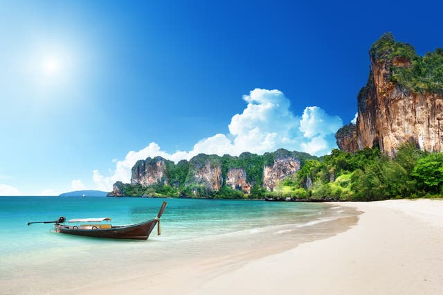 <p>The idyllic shore of Railay Beach in Krabi, southern Thailand</p>