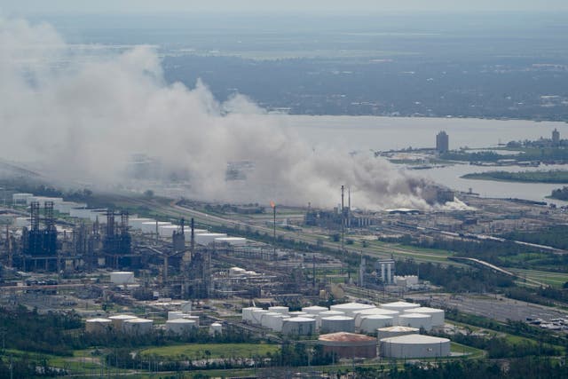<p> A chemical fire burns at a facility during the aftermath of Hurricane Laura, on August 27, 2020, near Lake Charles, Louisiana </p>