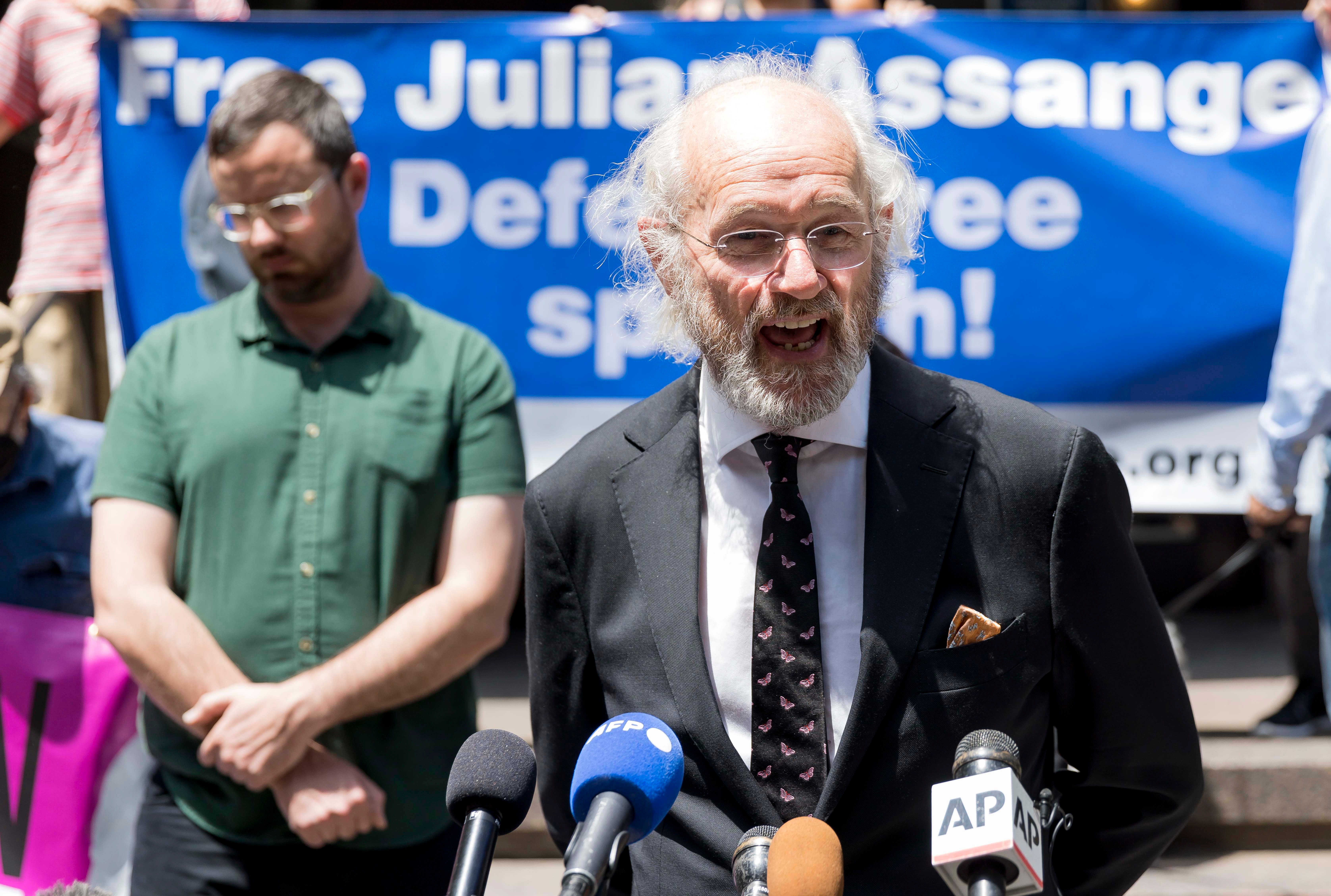 John Shipton (right), Julian Assange’s father, and Gabriel Shipton, Assange’s brother, outside the British Consulate in New York on Friday