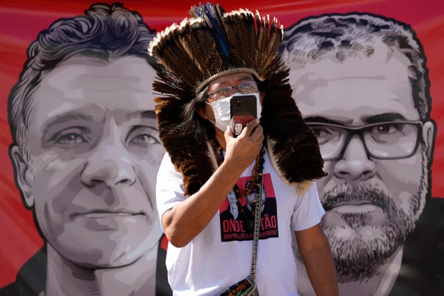 <p>Indigenous leader Kamuu Wapichana during a protest calling on authorities to expand search efforts for Dom Phillips and Bruno Pereira last week </p>