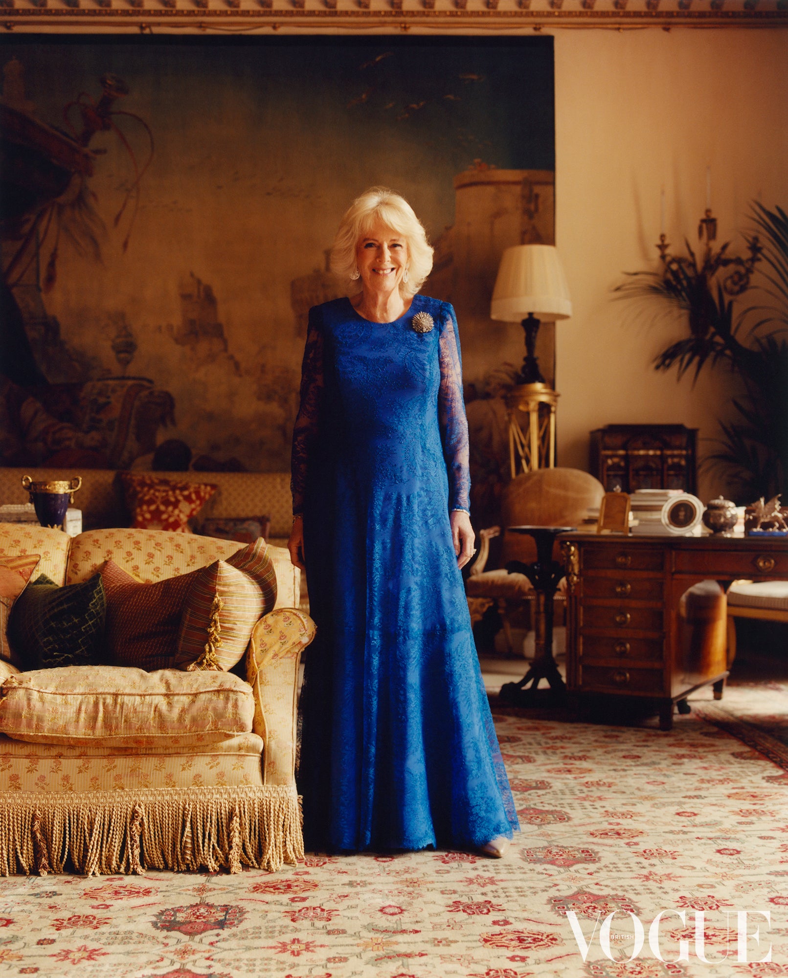 The Duchess of Cornwall in Clarence House. Camilla spoke with British Vogue ahead of her 75th birthday (British Vogue).