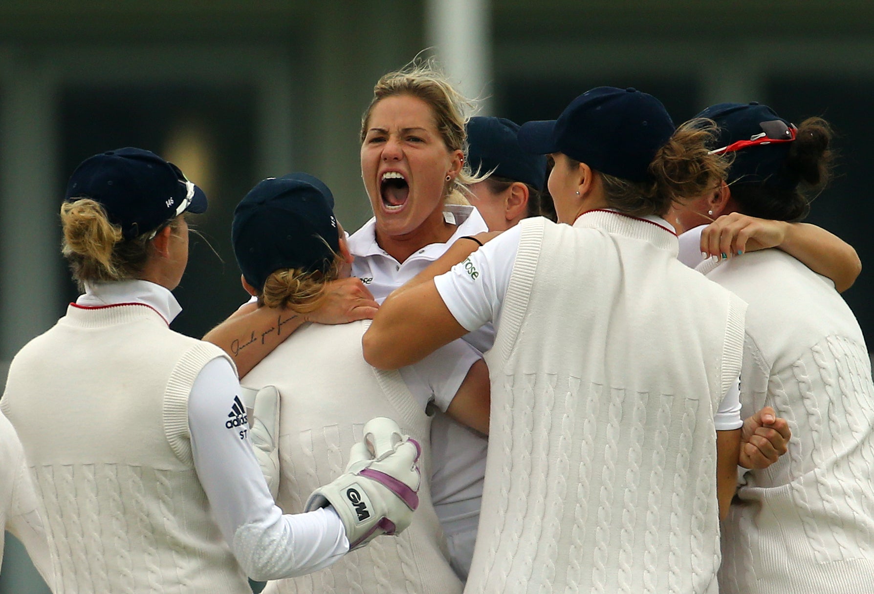 Katherine Brunt, centre, finishes as England Women’s third-highest Test wicket-taker with 51 dismissals (Gareth Fuller/PA)