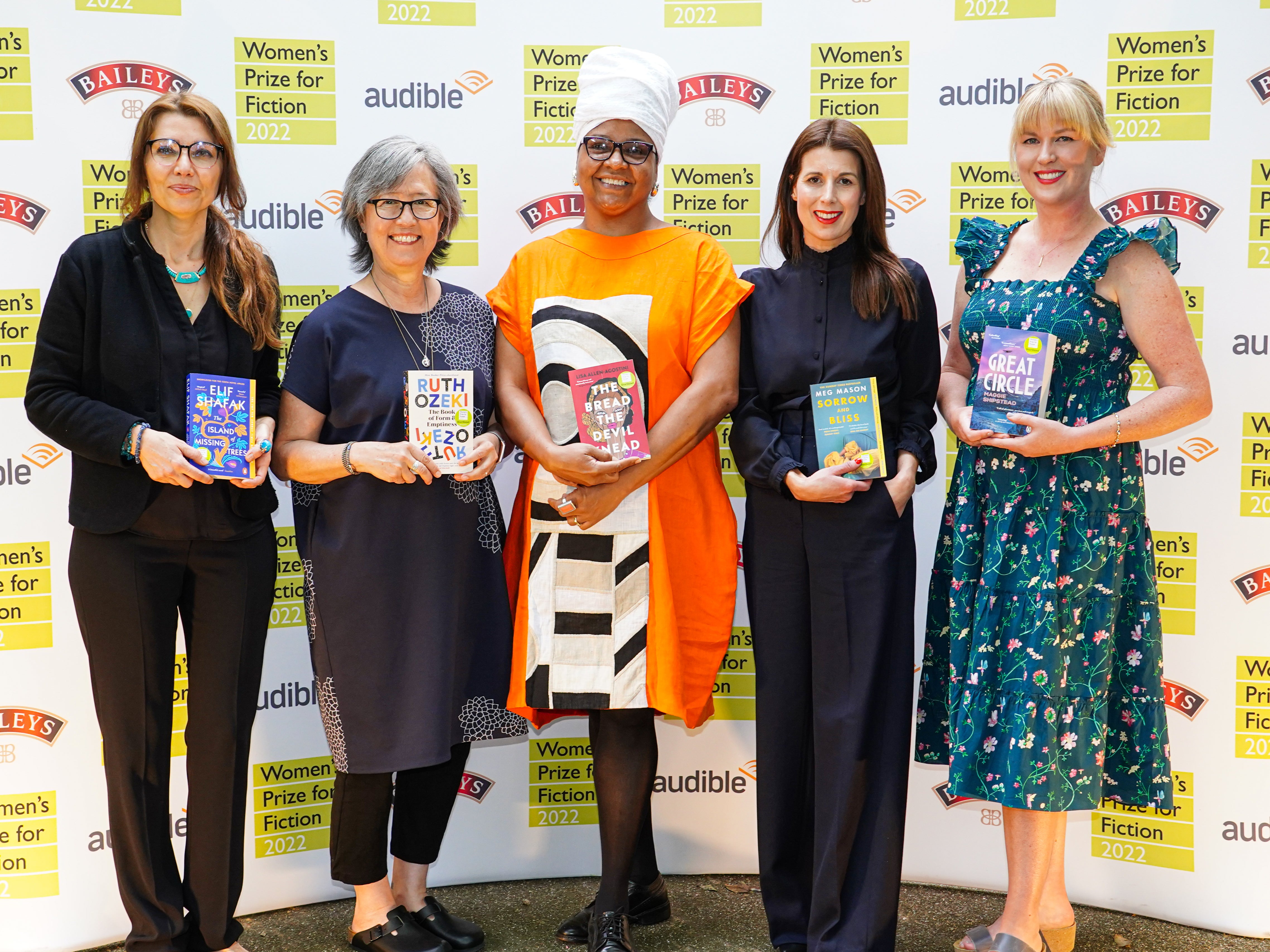 The authors shortlisted for Women’s Prize were Elif Shafak, Ozeki, Lisa Allen-Agostini, Meg Mason and Maggie Shipstead (left to right)