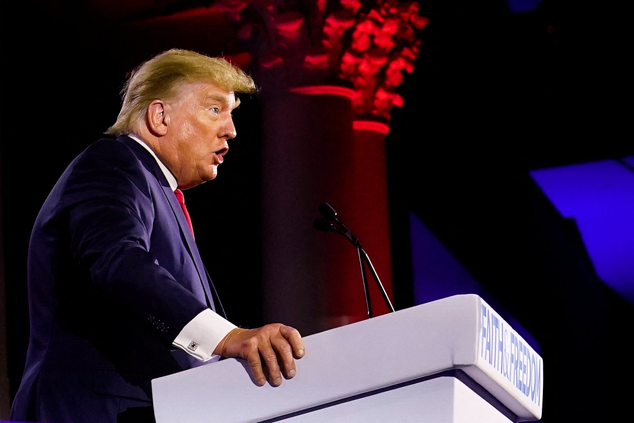 <p>Former U.S. President Donald Trump speaks at a Republican-led event titled "Faith and Freedom Road to Majority" in Nashville, Tennessee</p>