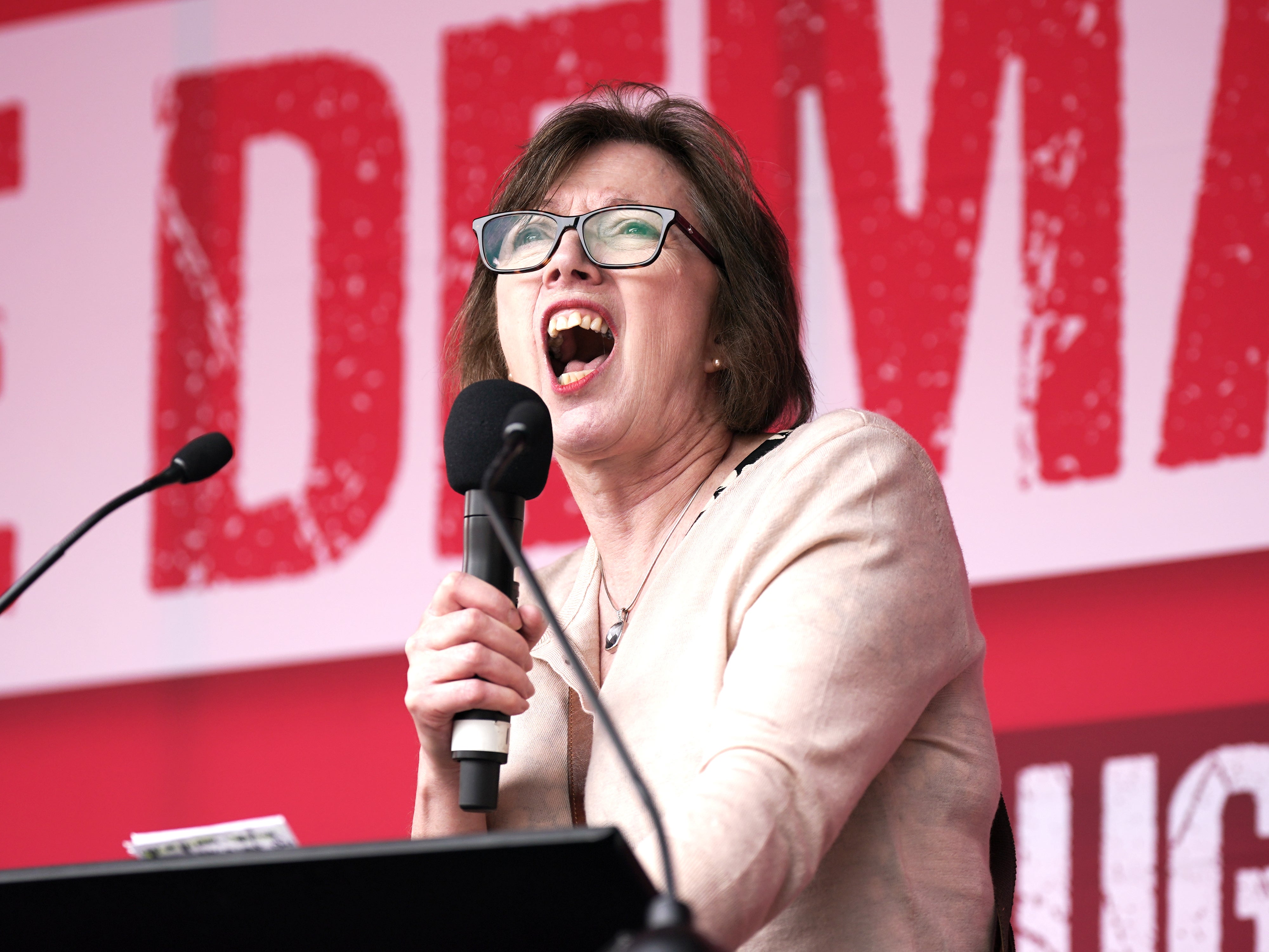 Frances O’Grady, General Secretary of the TUC, speaks during a TUC national demonstration in central London to demand action on the cost of living, a new deal for working people and a pay rise for all workers (Yui Mok/PA Images)