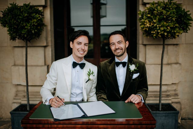 Rugby league referee James Child, right, married his fiance, Steven, in North Yorkshire (Kazooieloki Photography)