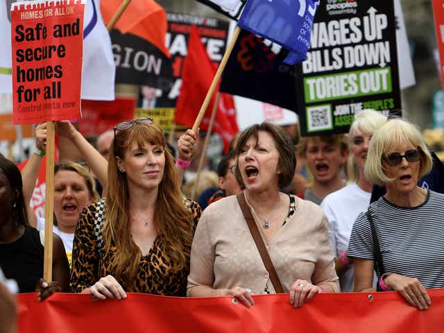 <p>Angela Rayner, left, with Frances O’Grady, centre, in London yesterday </p>