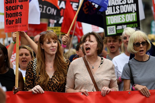 <p>Angela Rayner, left, with Frances O’Grady, centre, in London yesterday </p>