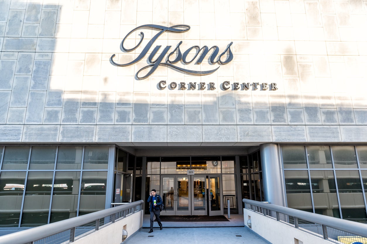 Entrance doors on bridge to Tyson’s Corner Mall in Fairfax, Virginia