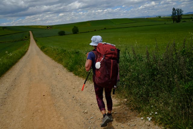 <p>Una peregrina camina durante una etapa del Camino de Santiago, cerca de Santo Domingo de La Calzada</p>