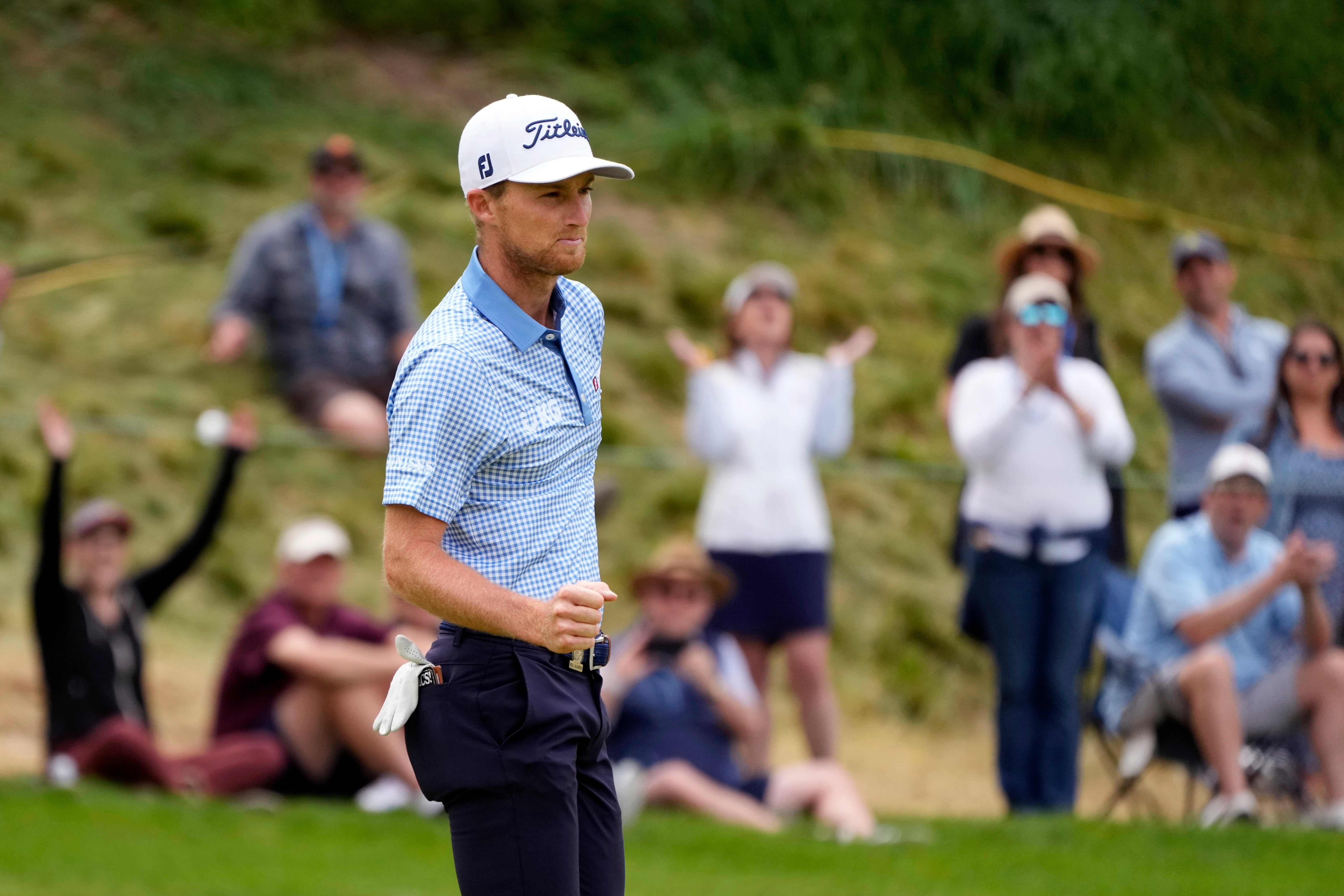 Will Zalatoris reacts after making a birdie on the fourth hole during the third round