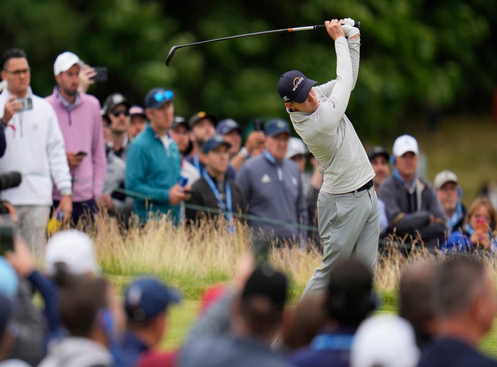 Matt Fitzpatrick hits on the third hole during the final round of the US Open at Brookline (Julio Cortez/AP)