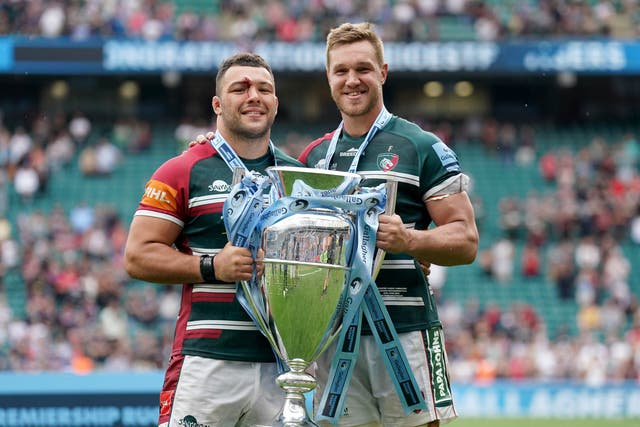 Ellis Genge, left, and his Leicester team-mate Hanro Liebenberg with the Premiership trophy (Tim Goode/PA)