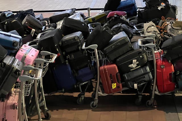 <p>Lost in transition: part of the baggage heap outside Heathrow Terminal 2</p>