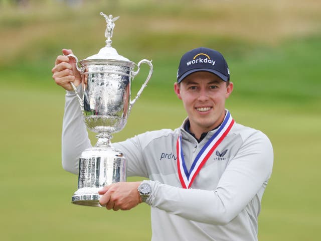 <p>Matt Fitzpatrick poses with the US Open trophy</p>