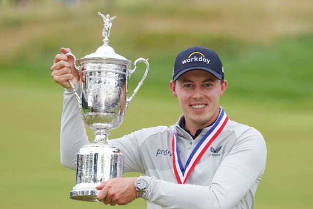 <p>Matt Fitzpatrick poses with the US Open trophy</p>