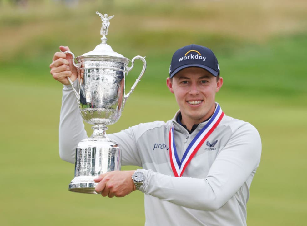 <p>Matt Fitzpatrick poses with the US Open trophy</p>