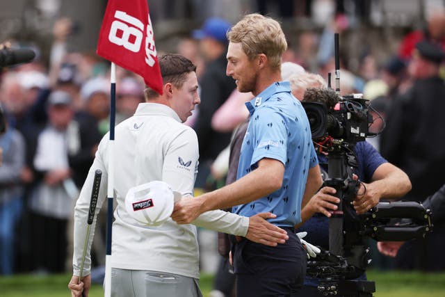 <p>Will Zalatoris, right, congratulates Matt Fitzpatrick on the 18th green</p>